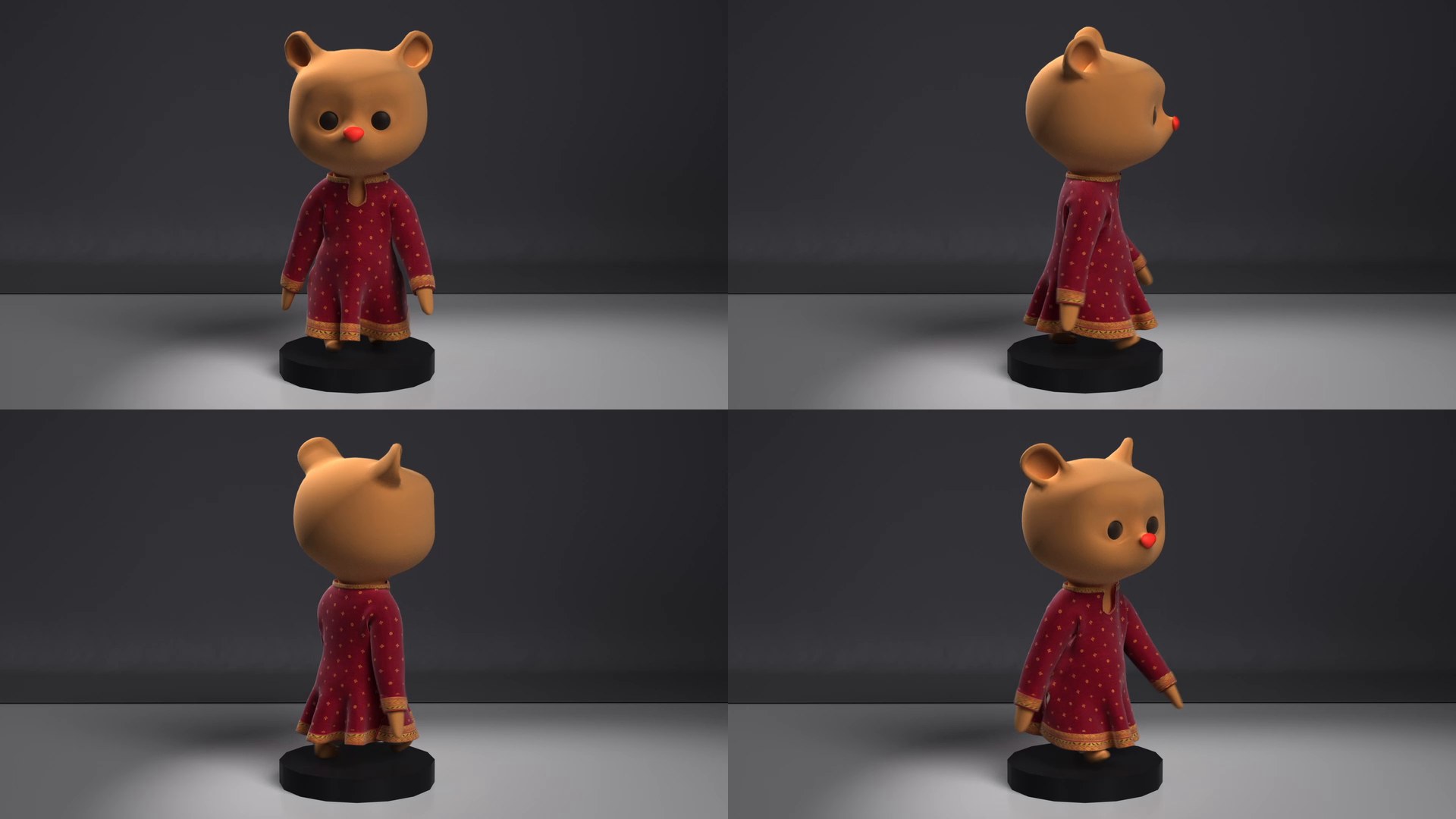 Four-view lookdev review: front three-quarter, side, back three-quarter and front of the bear on the platform