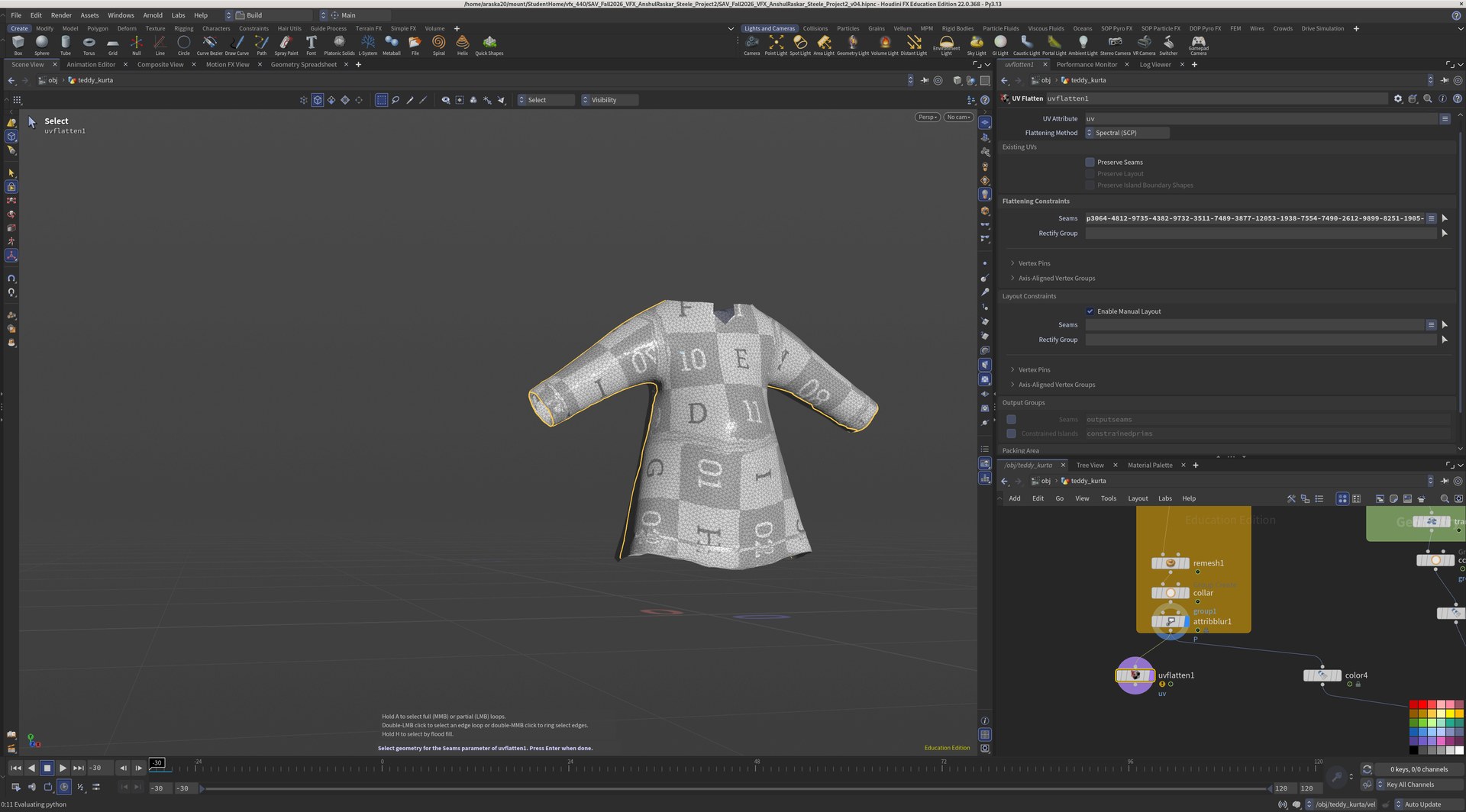 UV seam selection on the kurta in Houdini