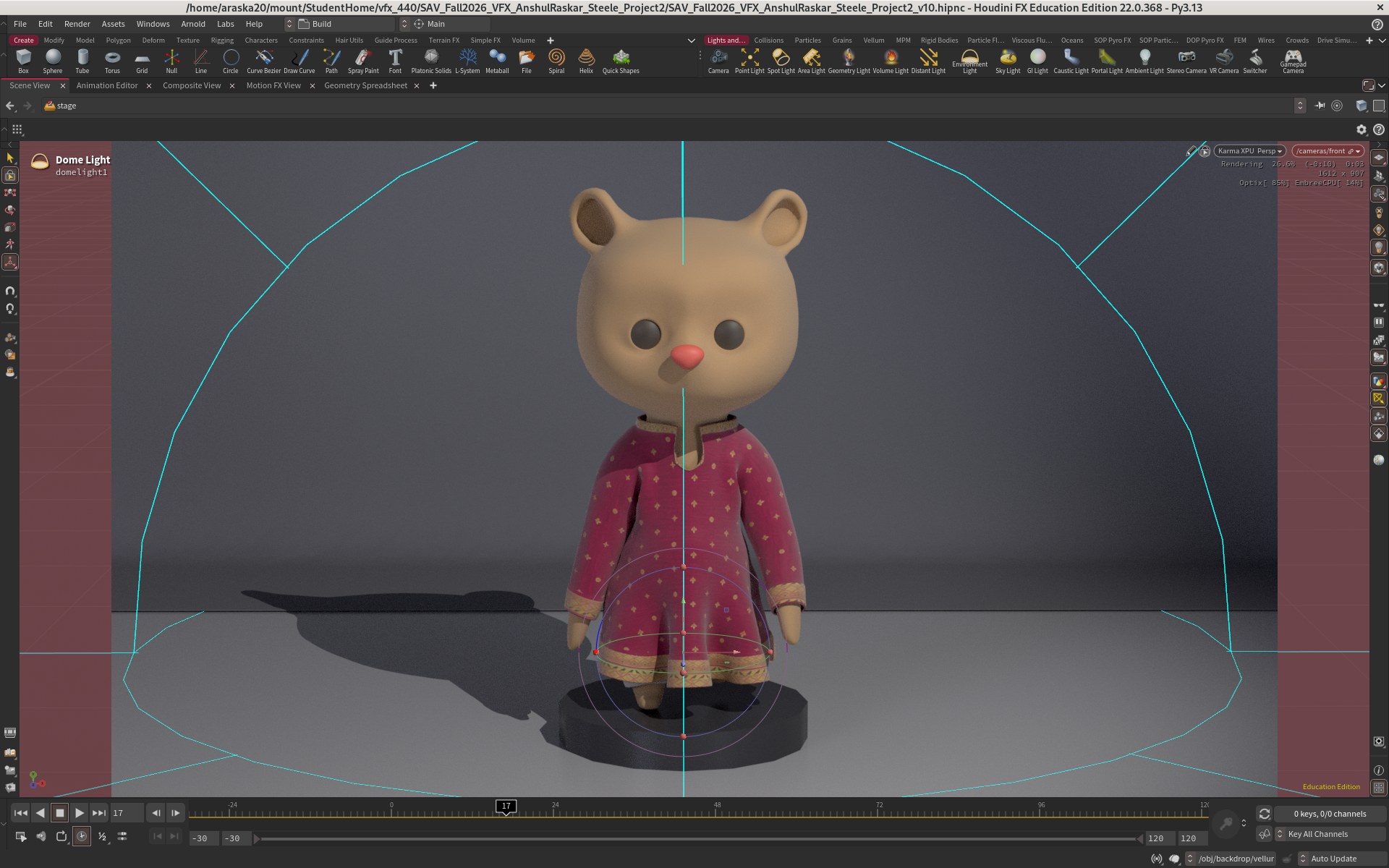 Karma viewport render of the bear on the platform with soft shadows