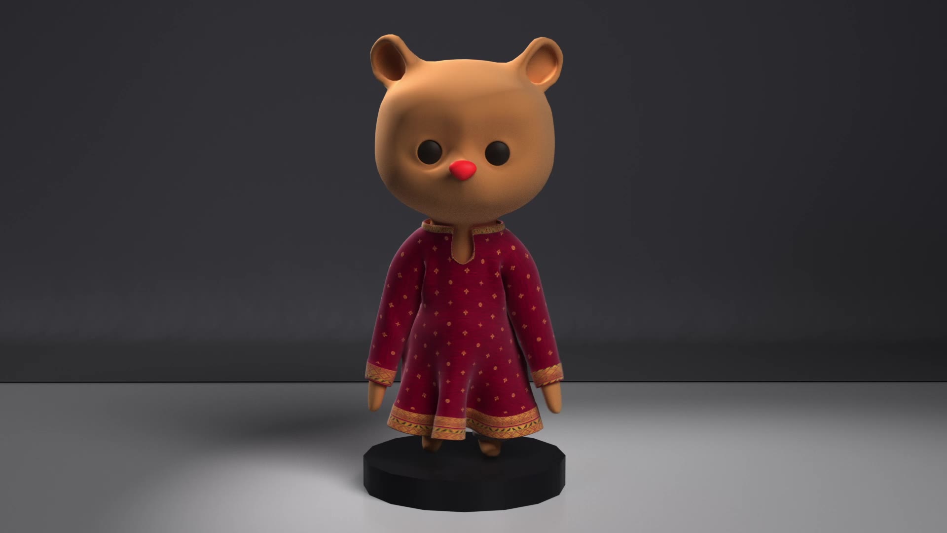 Final render: teddy bear in a red Paithani-style kurta on a dark platform